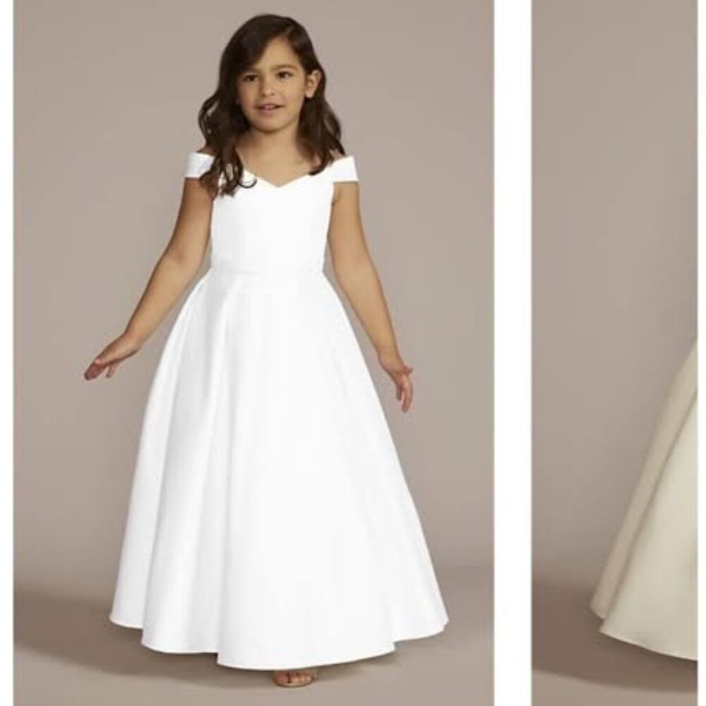 David's Bridal Size 8 Satin Off the Shoulder Flower Girl Dress with Pockets
